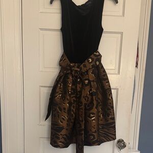 Tahari Black Velvet Bodice with Metallic Bronze Animal-Print Skirt Wedding Dress